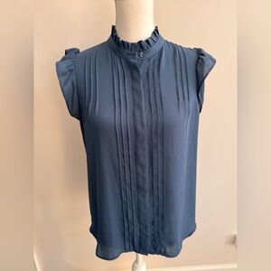 Ann Taylor Ruffled Short Sleeve Blue Blouse